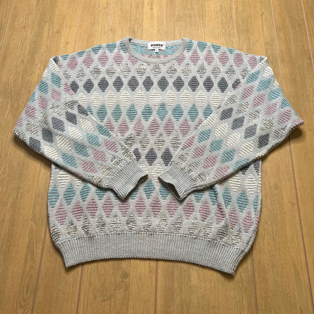 Vintage MONDO Italy Textured Knit‎ Sweater L 52 Pastel Geometric 90s